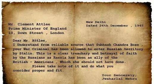 Letter to England PM about Subhash Candara Bose By PM Nehru